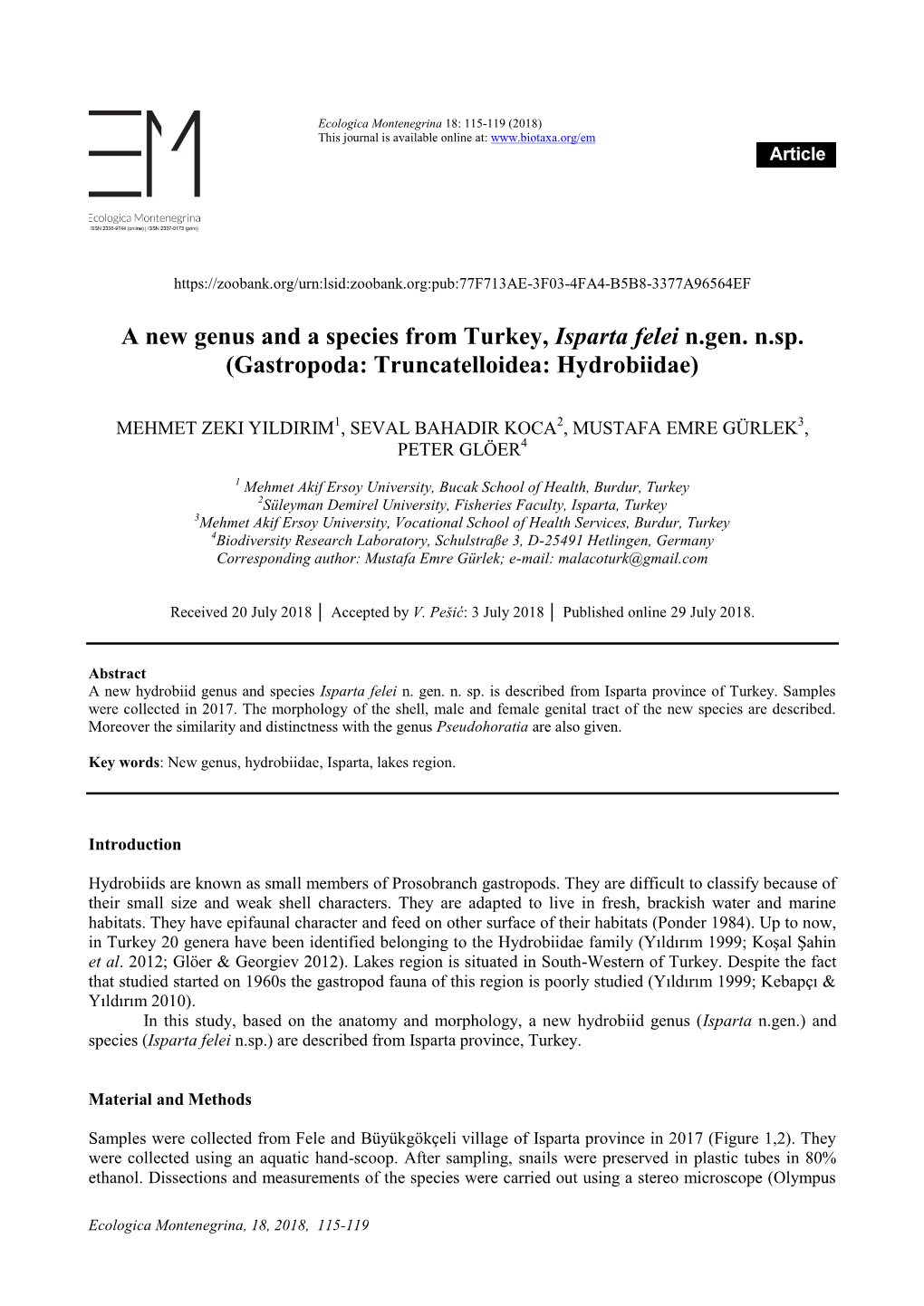 A New Genus and a Species from Turkey, Isparta Felei N.Gen