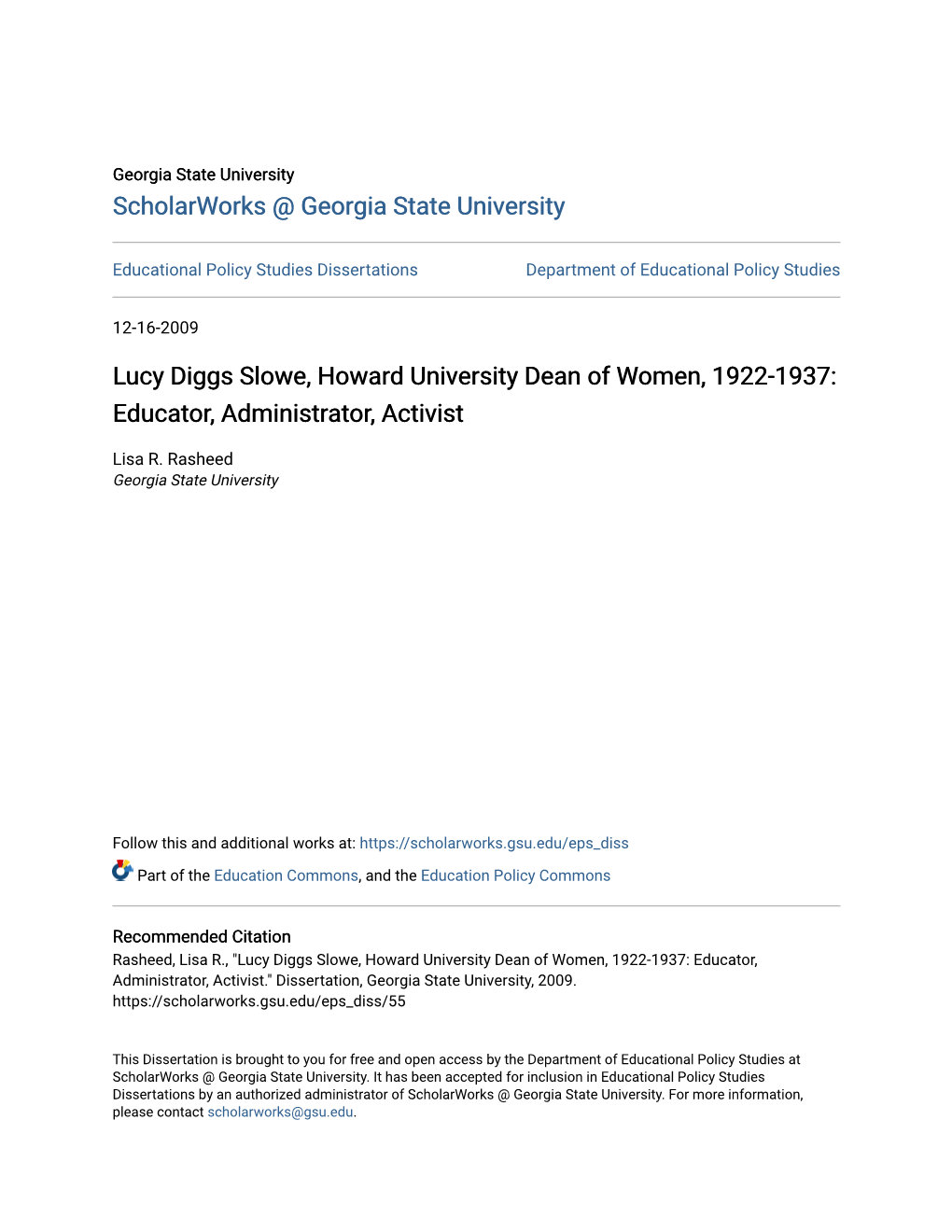 Lucy Diggs Slowe, Howard University Dean of Women, 1922-1937: Educator, Administrator, Activist