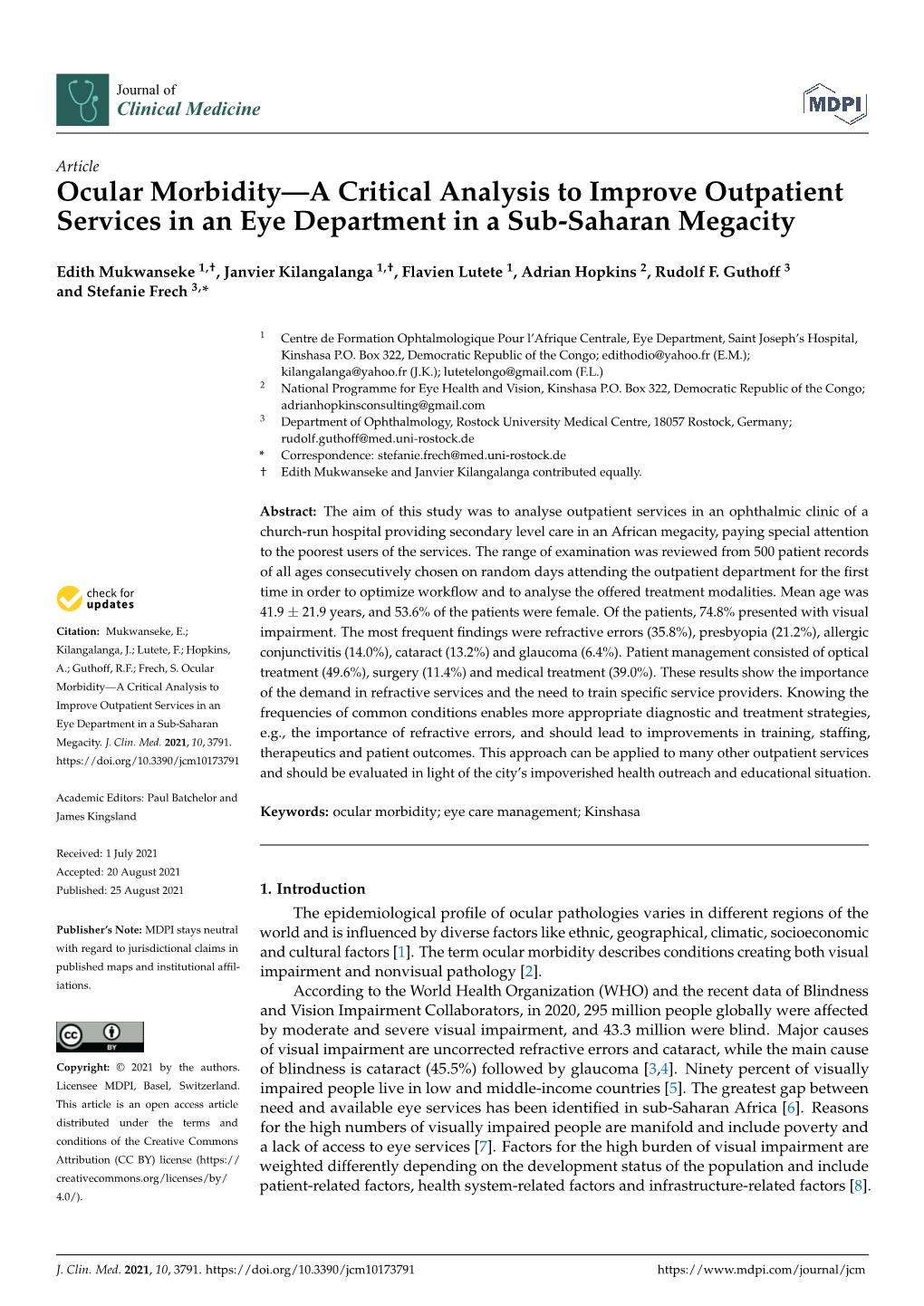 Ocular Morbidity—A Critical Analysis to Improve Outpatient Services in an Eye Department in a Sub-Saharan Megacity
