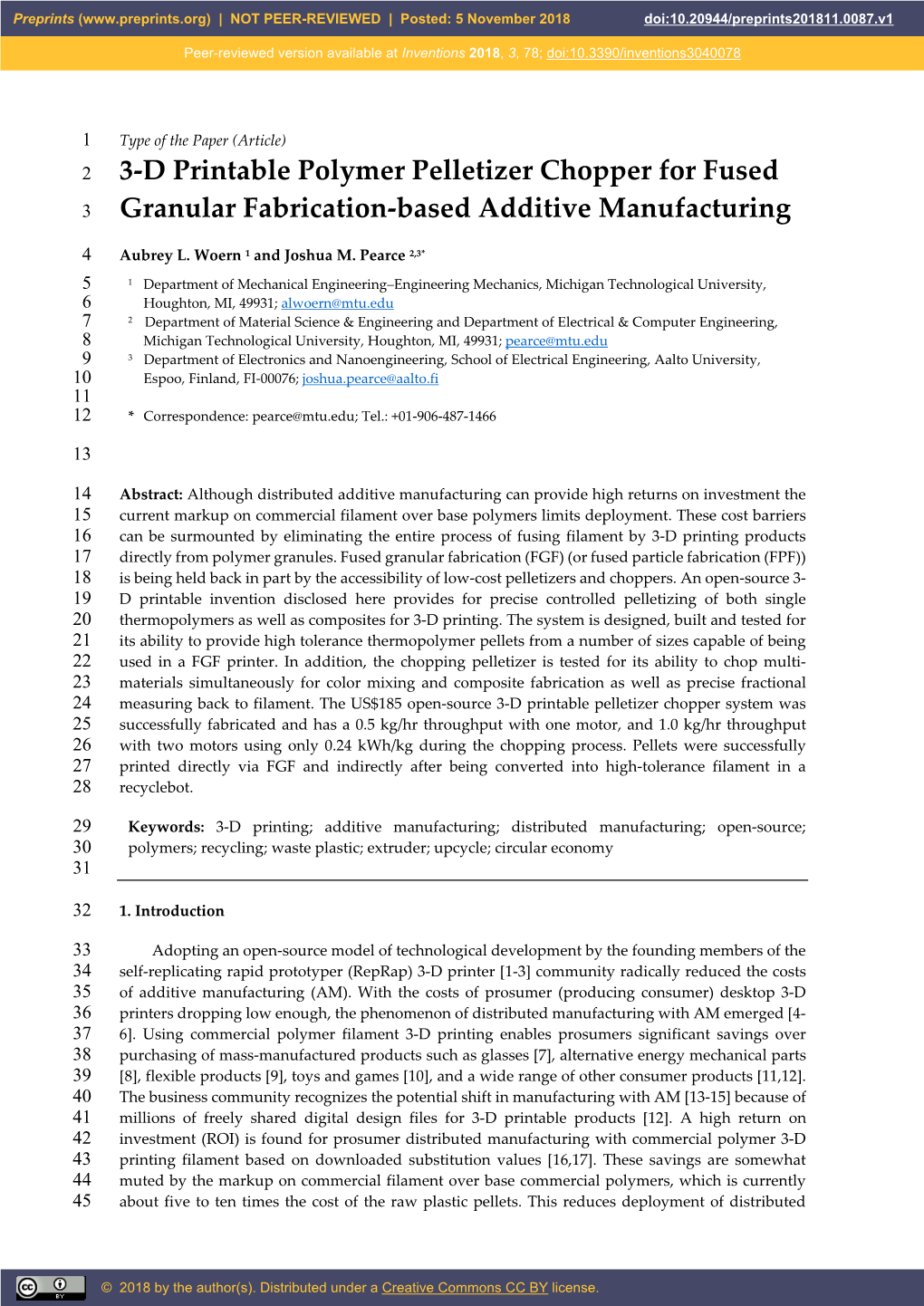 3-D Printable Polymer Pelletizer Chopper for Fused 3 Granular Fabrication-Based Additive Manufacturing