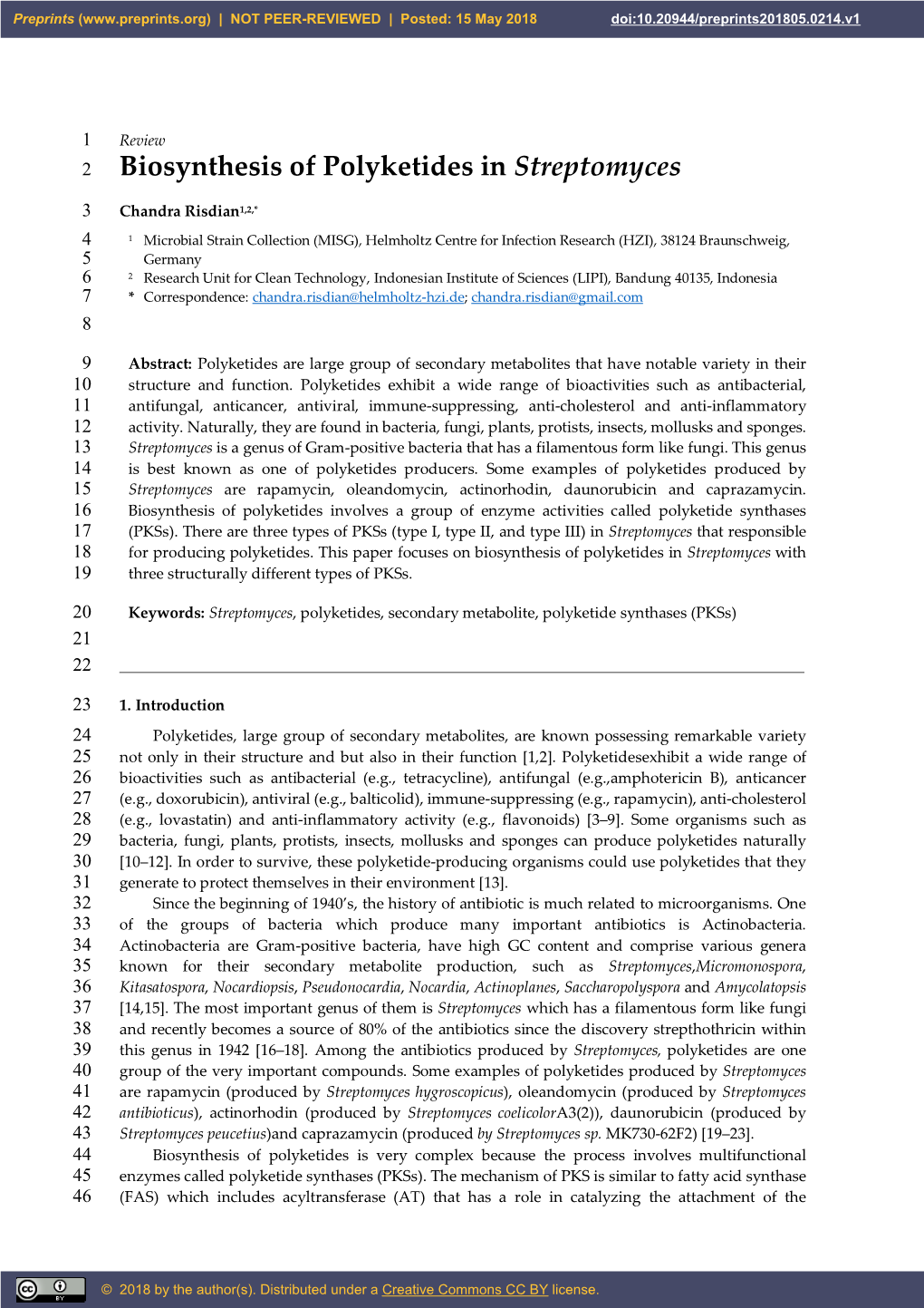 Biosynthesis of Polyketides in Streptomyces