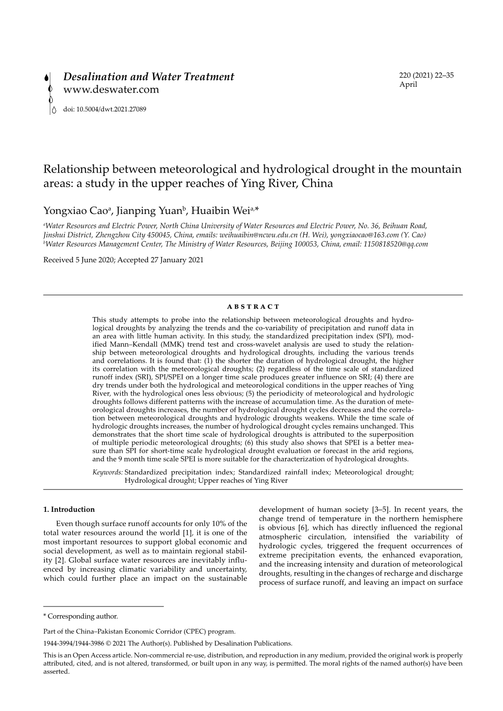 Relationship Between Meteorological and Hydrological Drought in the Mountain Areas: a Study in the Upper Reaches of Ying River, China