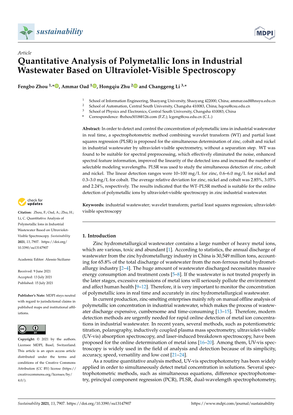 Quantitative Analysis of Polymetallic Ions in Industrial Wastewater Based on Ultraviolet-Visible Spectroscopy