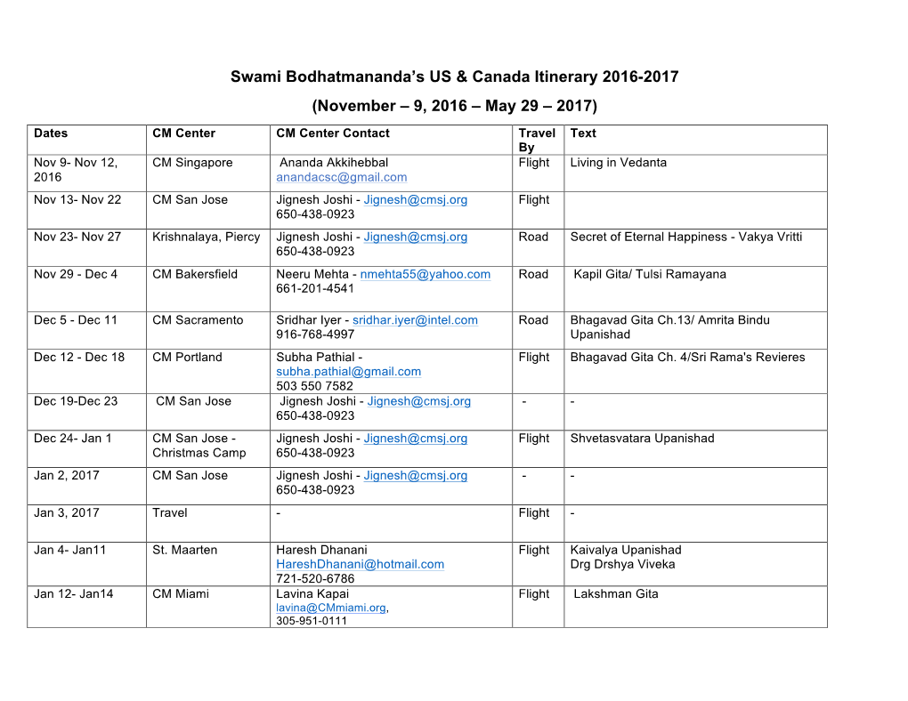 Swami Bodhatmananda's US & Canada Itinerary 2016-2017