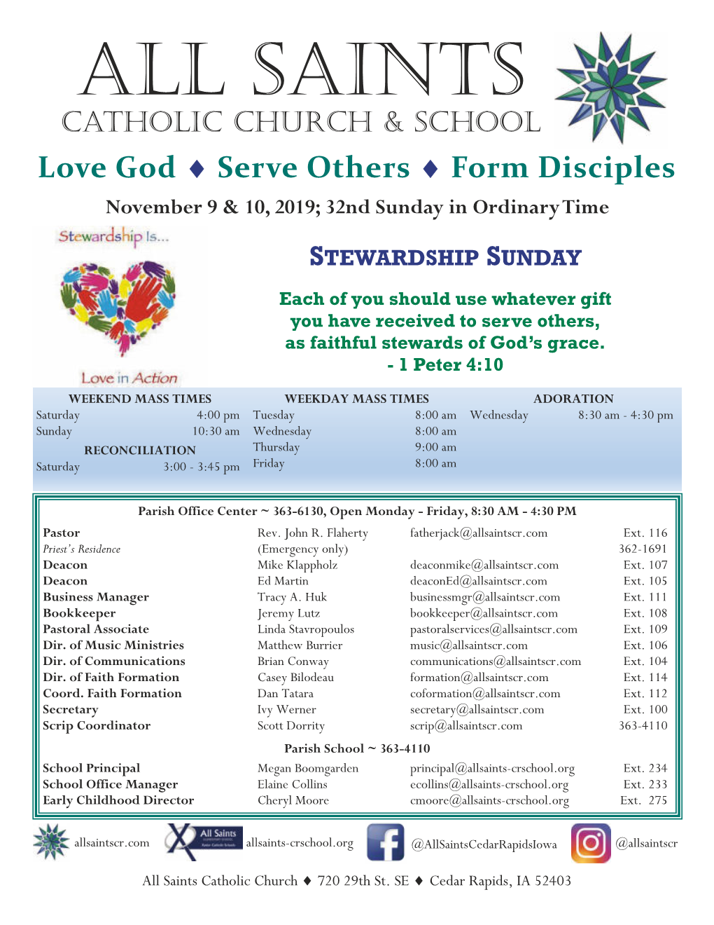 ALL SAINTS CATHOLIC CHURCH & SCHOOL Love God  Serve Others  Form Disciples November 9 & 10, 2019; 32Nd Sunday in Ordinary Time