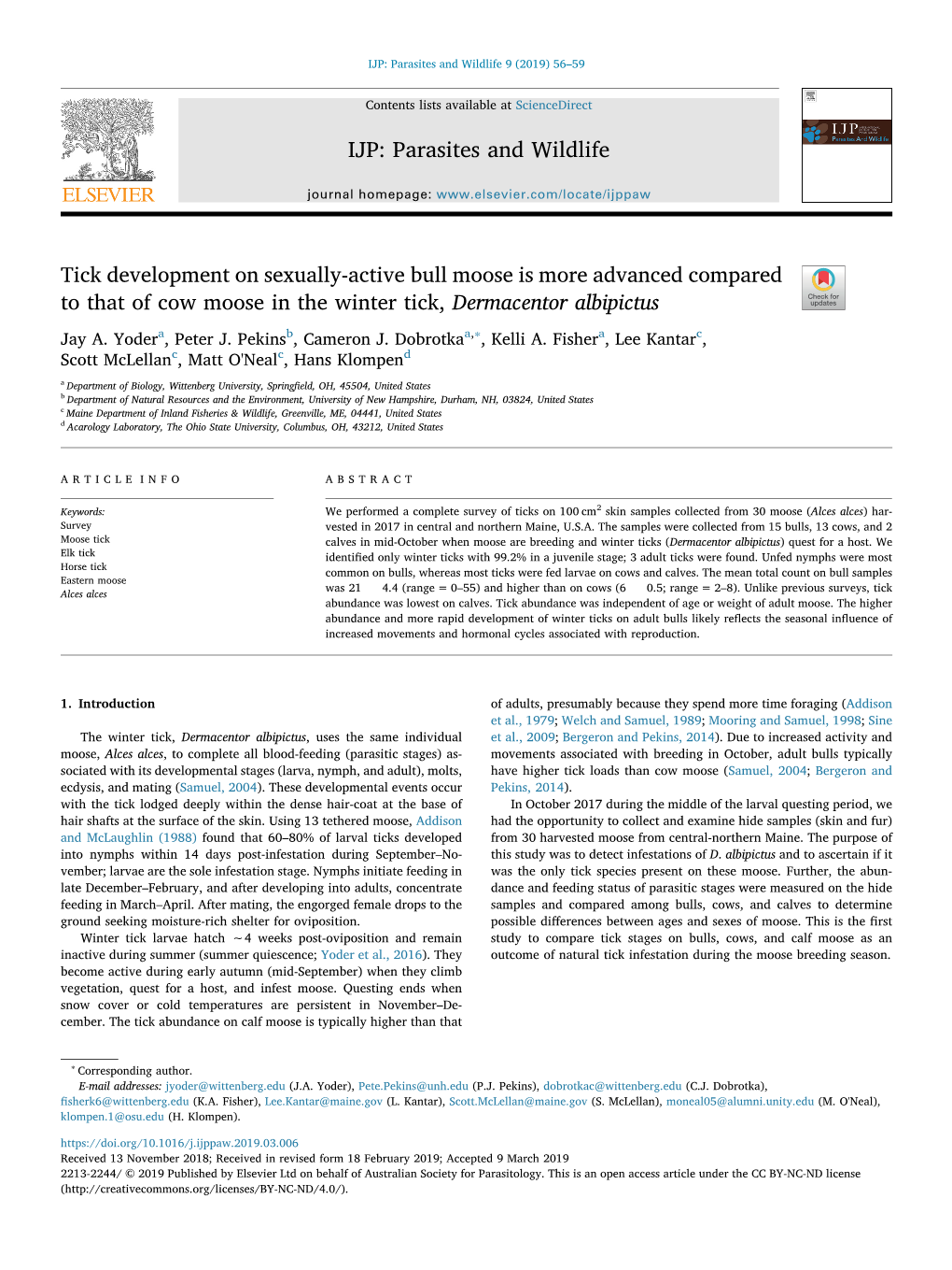 Tick Development on Sexually-Active Bull Moose Is More Advanced Compared to That of Cow Moose in the Winter Tick, Dermacentor Albipictus T