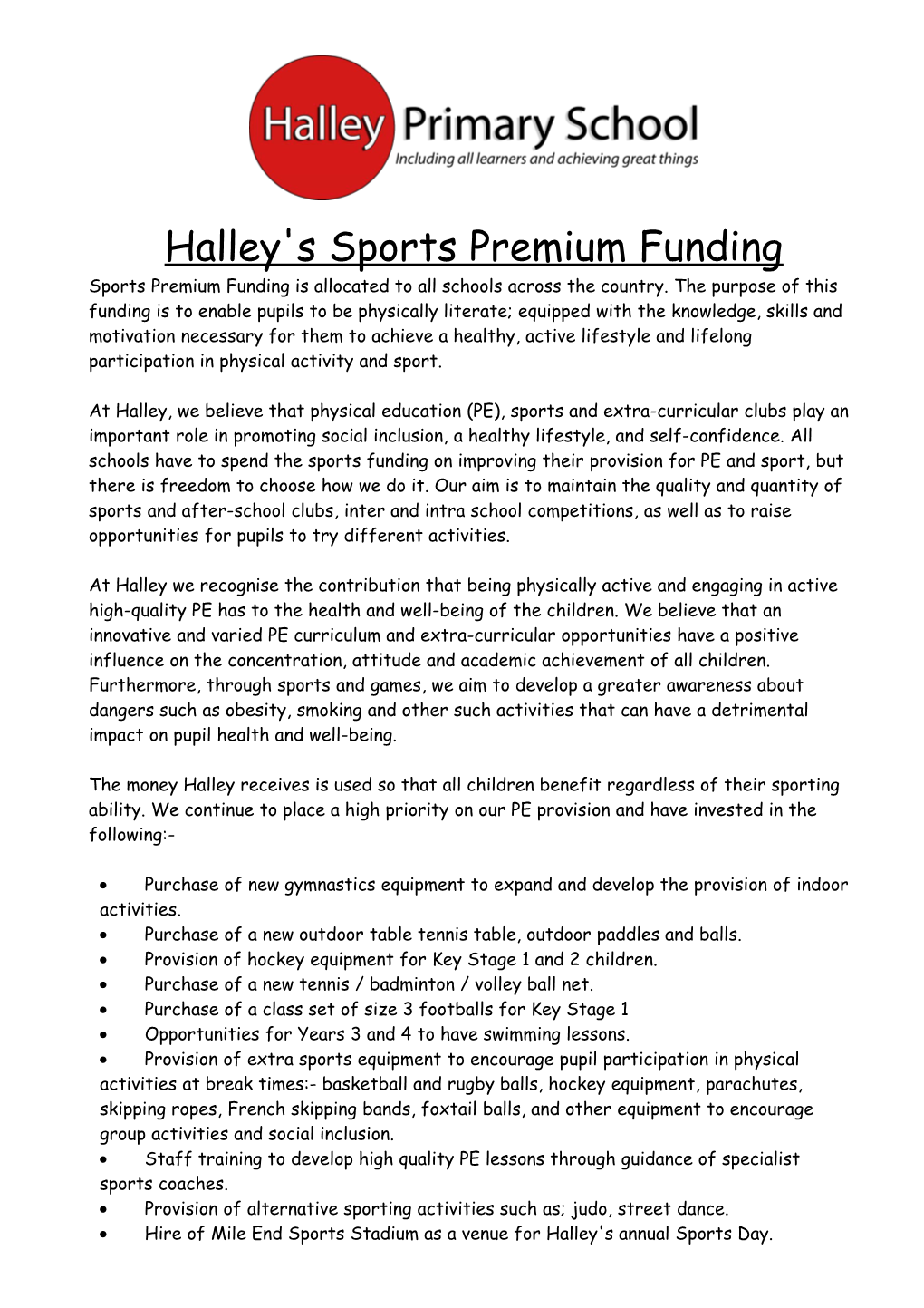 Halley's Sports Premium Funding