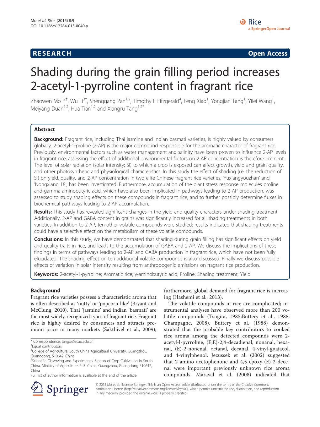 Shading During the Grain Filling Period Increases 2-Acetyl-1-Pyrroline