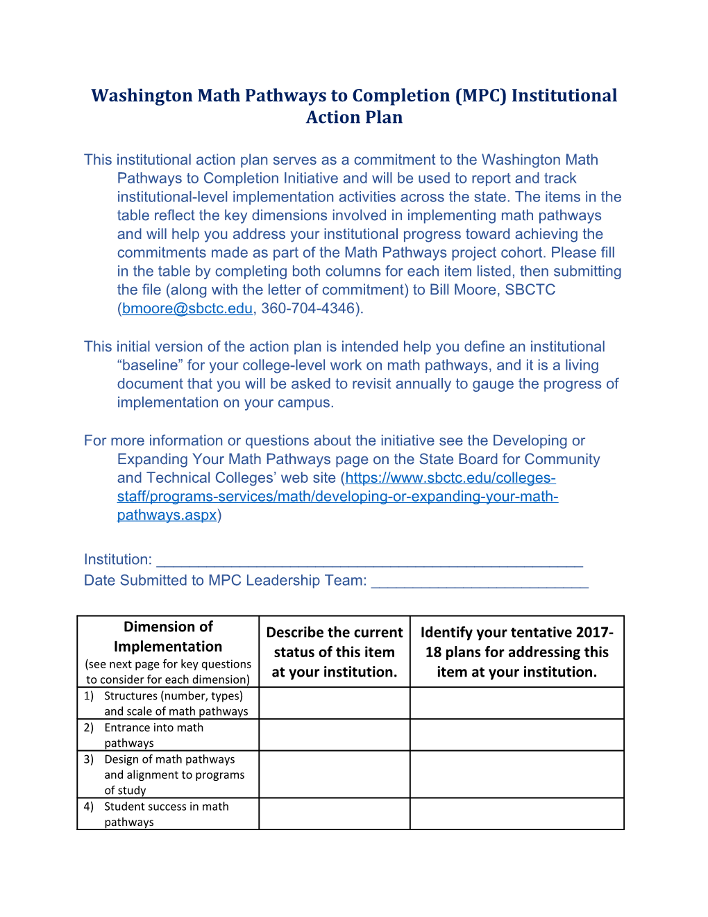 Washington Math Pathways to Completion (MPC) Institutional Action Plan