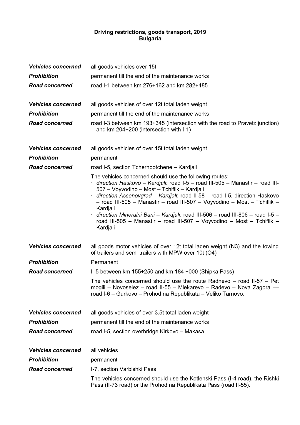 Driving Restrictions, Goods Transport, 2019 Bulgaria Vehicles Concerned All Goods Vehicles Over 15T Prohibition Permanent Till T