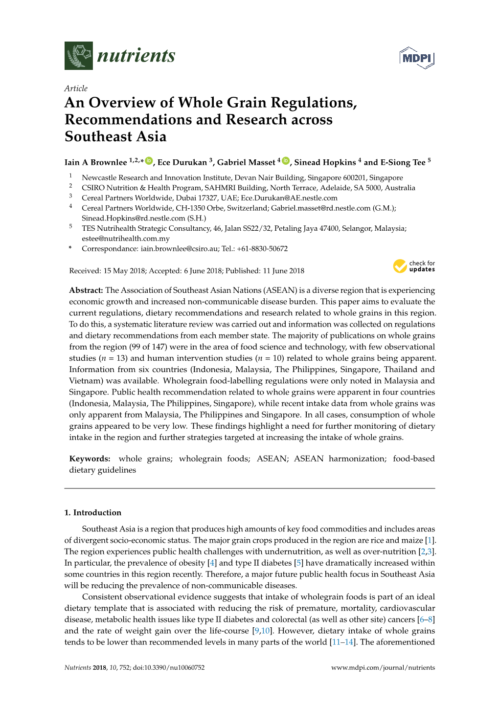 An Overview of Whole Grain Regulations, Recommendations and Research Across Southeast Asia