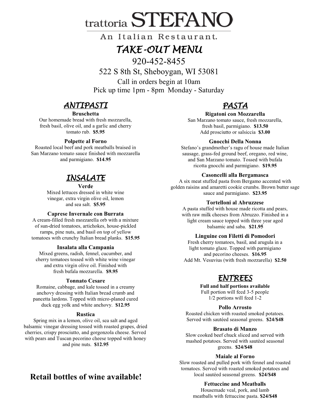 TAKE-OUT MENU 920-452-8455 522 S 8Th St, Sheboygan, WI 53081