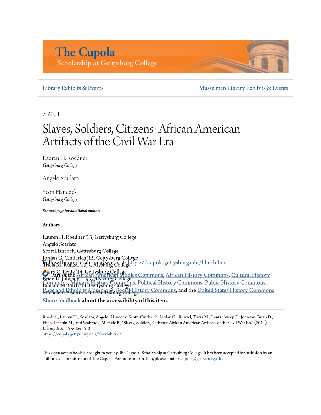 Slaves, Soldiers, Citizens: African American Artifacts of the Civil War Era Lauren H
