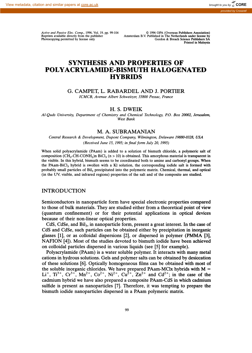 Synthesis and Properties of Polyacrylamide-Bismuth Halogenated Hybrids