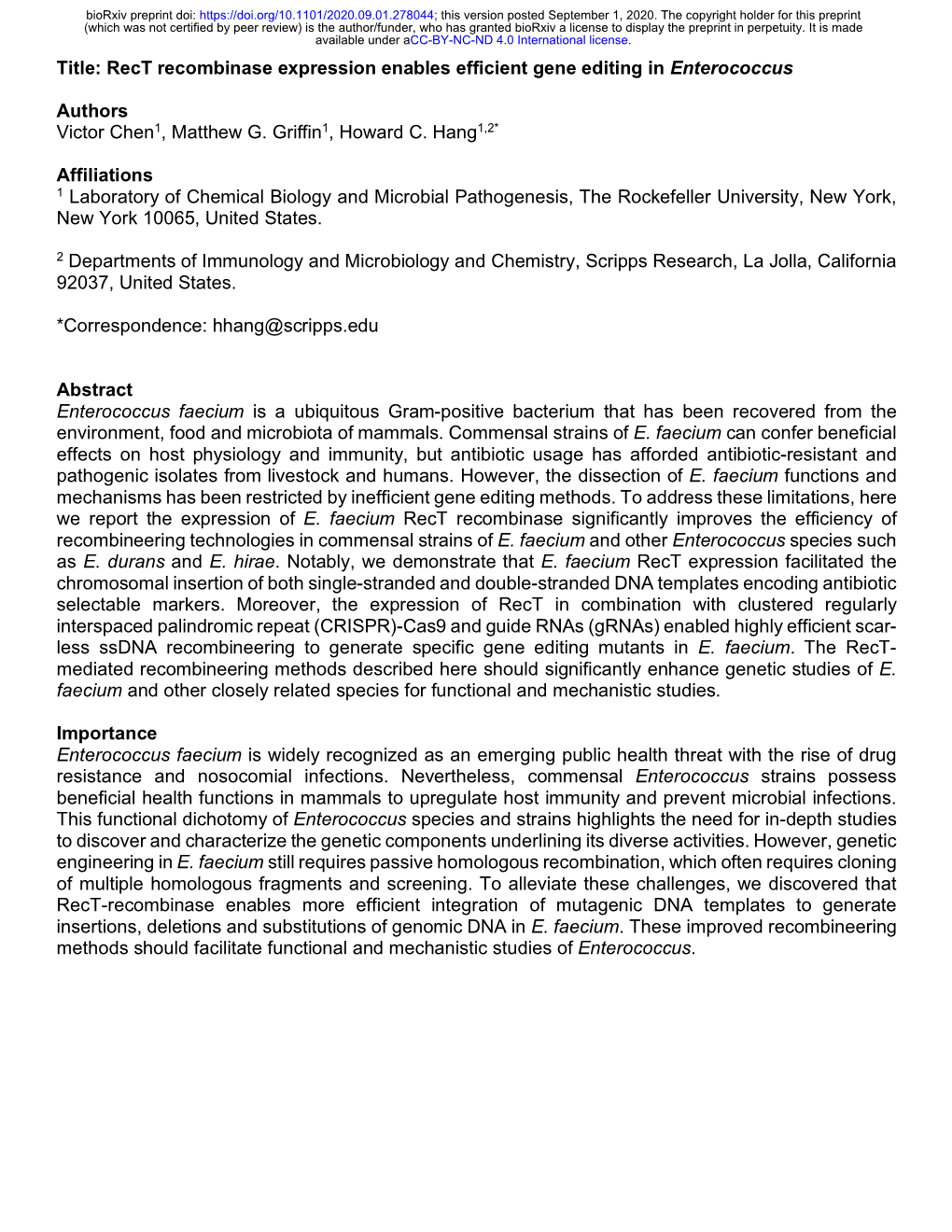 Rect Recombinase Expression Enables Efficient Gene Editing in Enterococcus