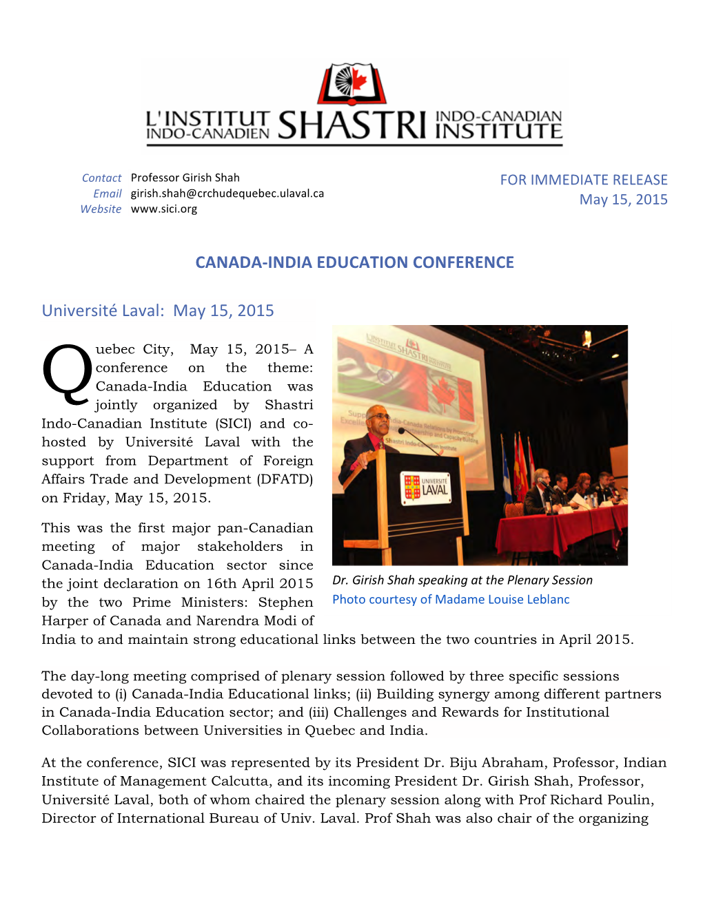 INDIA EDUCATION CONFERENCE Université Laval: May 15, 2015