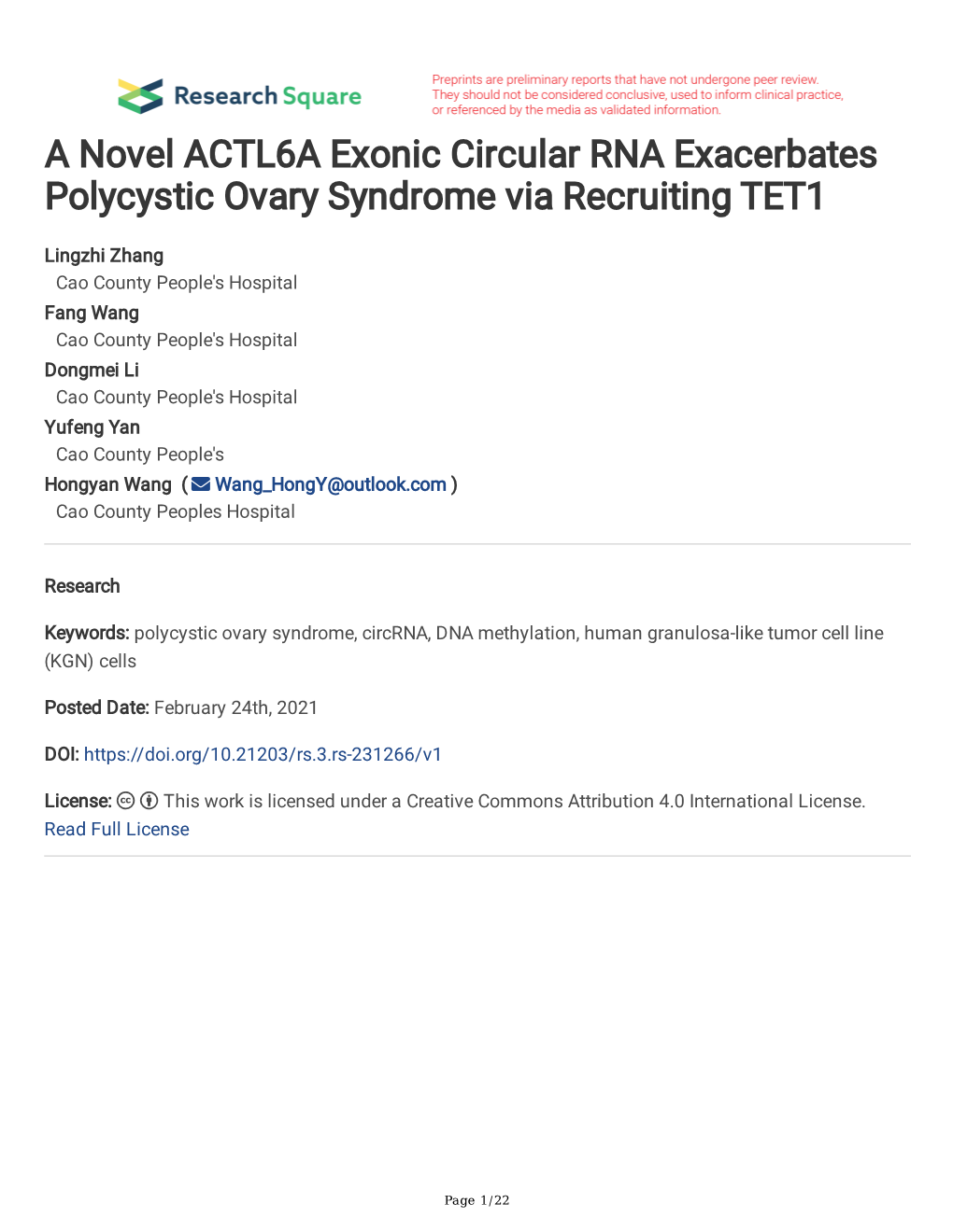 A Novel ACTL6A Exonic Circular RNA Exacerbates Polycystic Ovary Syndrome Via Recruiting TET1