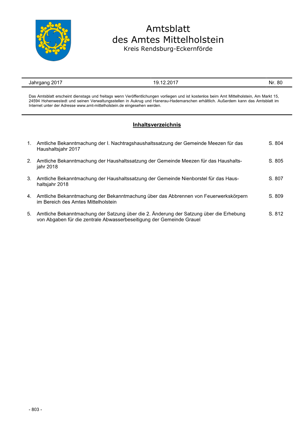 Amtsblatt Des Amtes Mittelholstein Kreis Rendsburg-Eckernförde