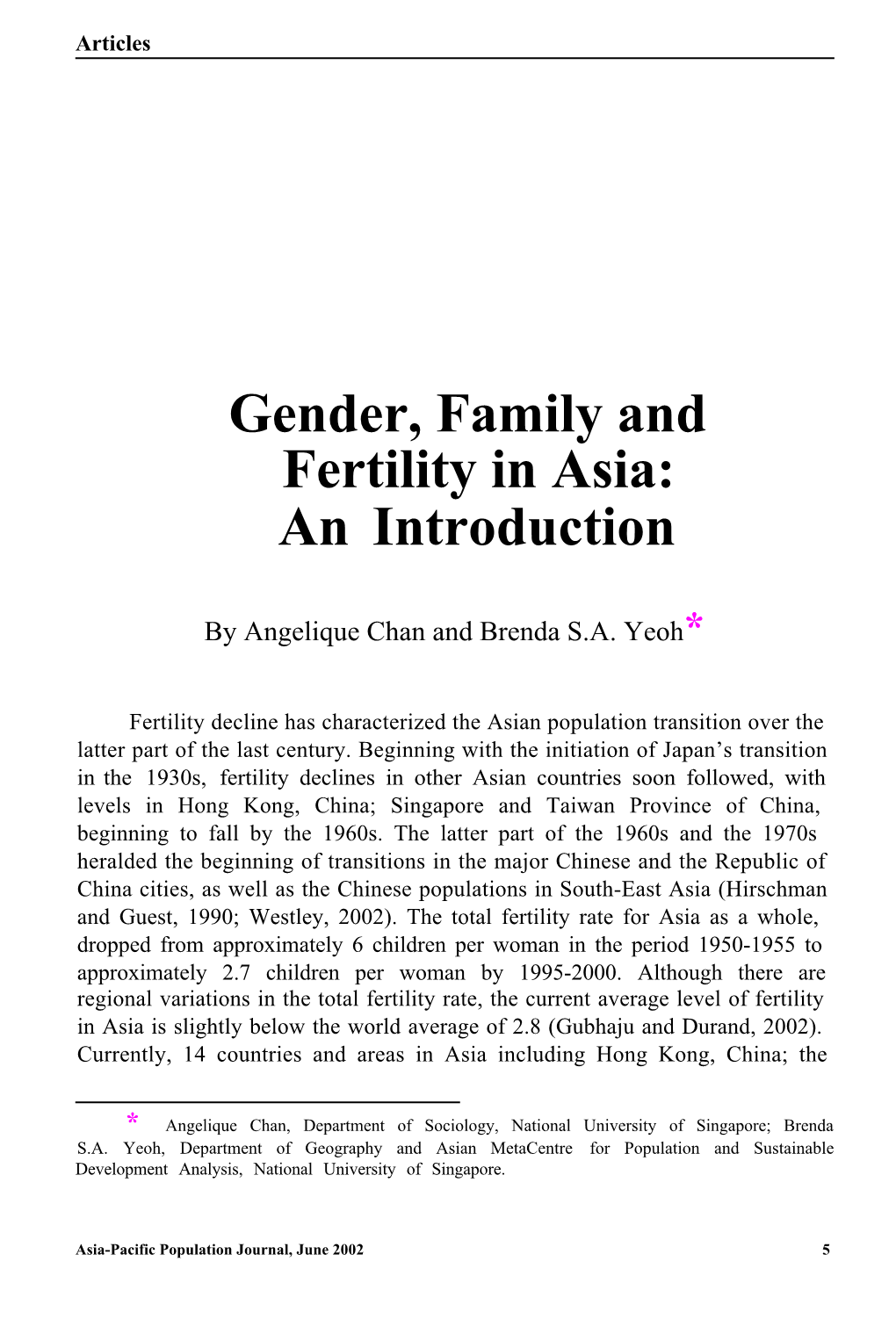 Gender, Family and Fertility in Asia: an Introduction