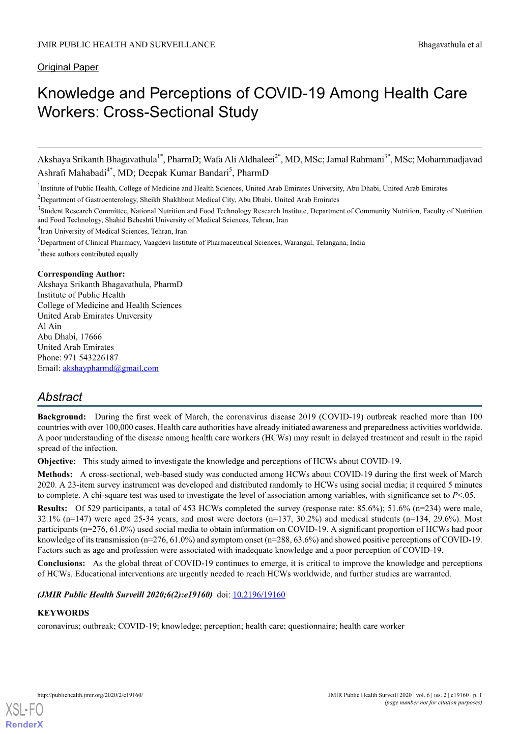 Knowledge and Perceptions of COVID-19 Among Health Care Workers: Cross-Sectional Study