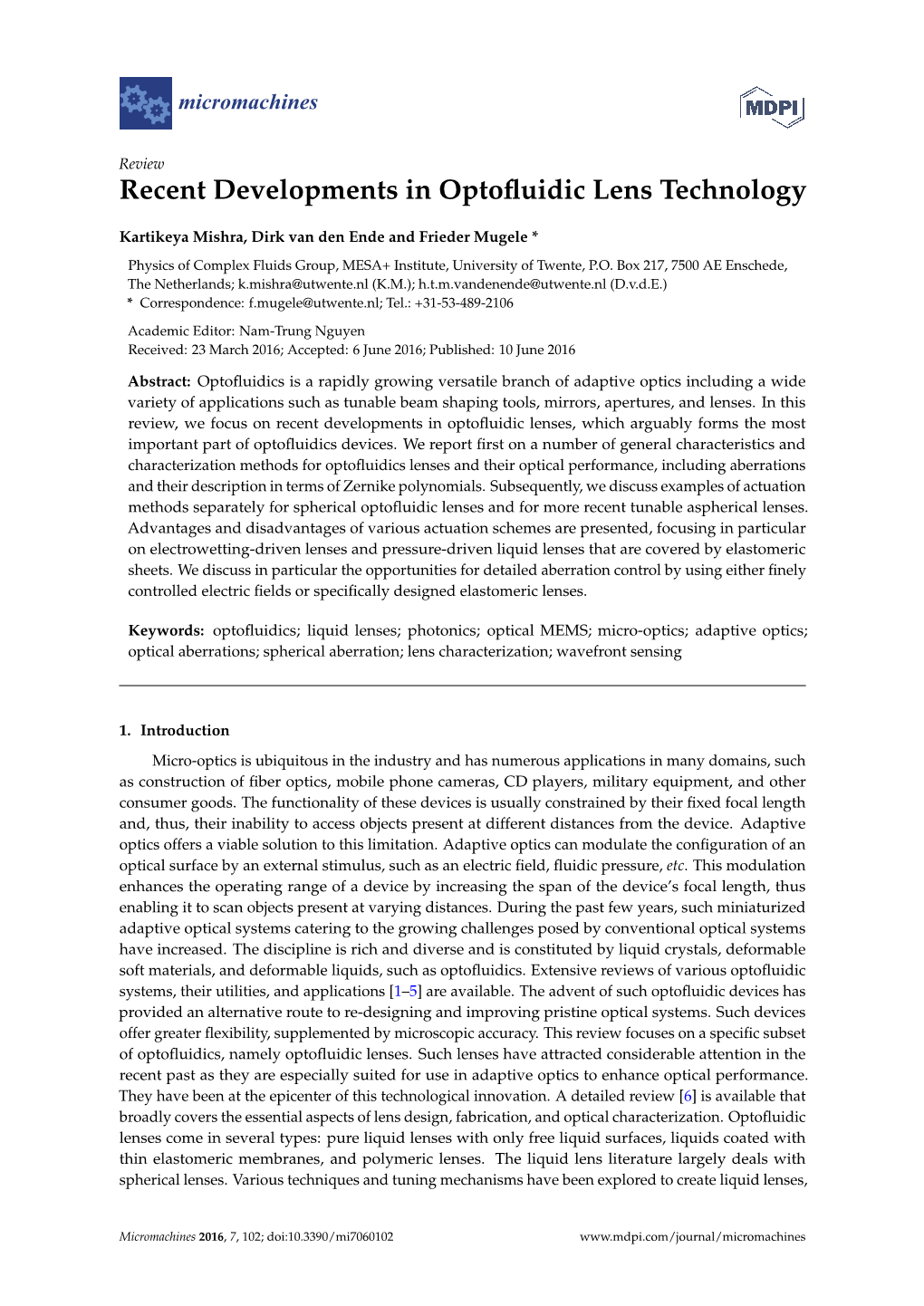 Recent Developments in Optofluidic Lens Technology