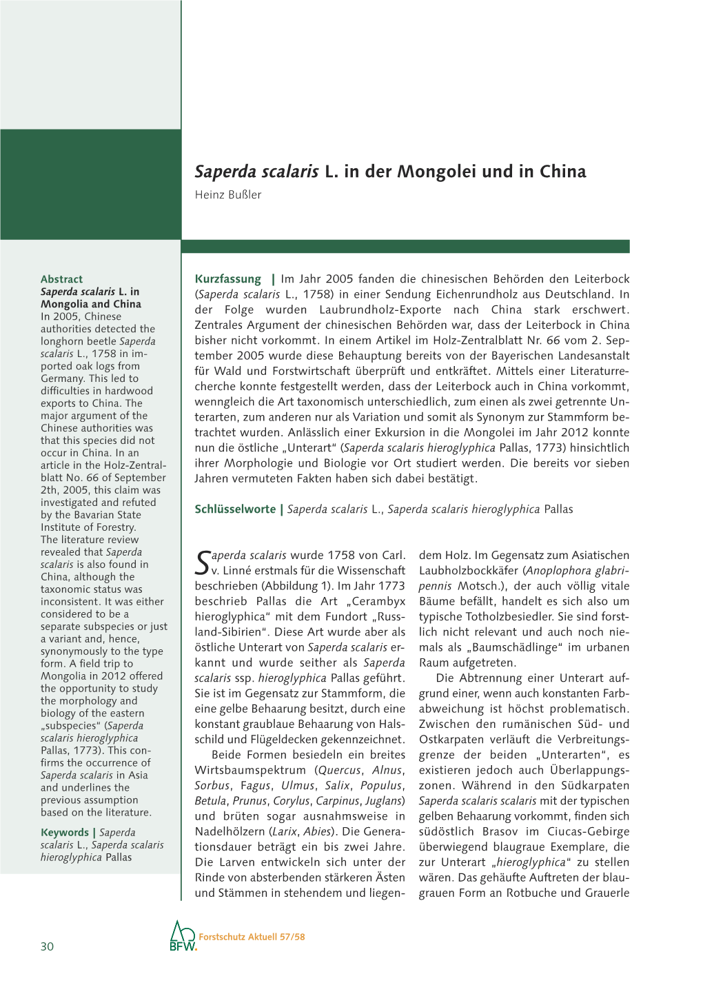 Saperda Scalaris L. in Der Mongolei Und in China Heinz Bußler