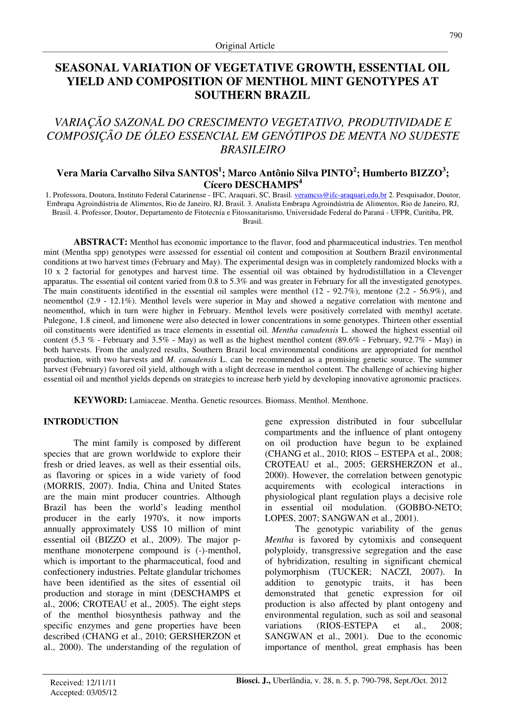 Seasonal Variation of Vegetative Growth, Essential Oil Yield and Composition of Menthol Mint Genotypes at Southern Brazil