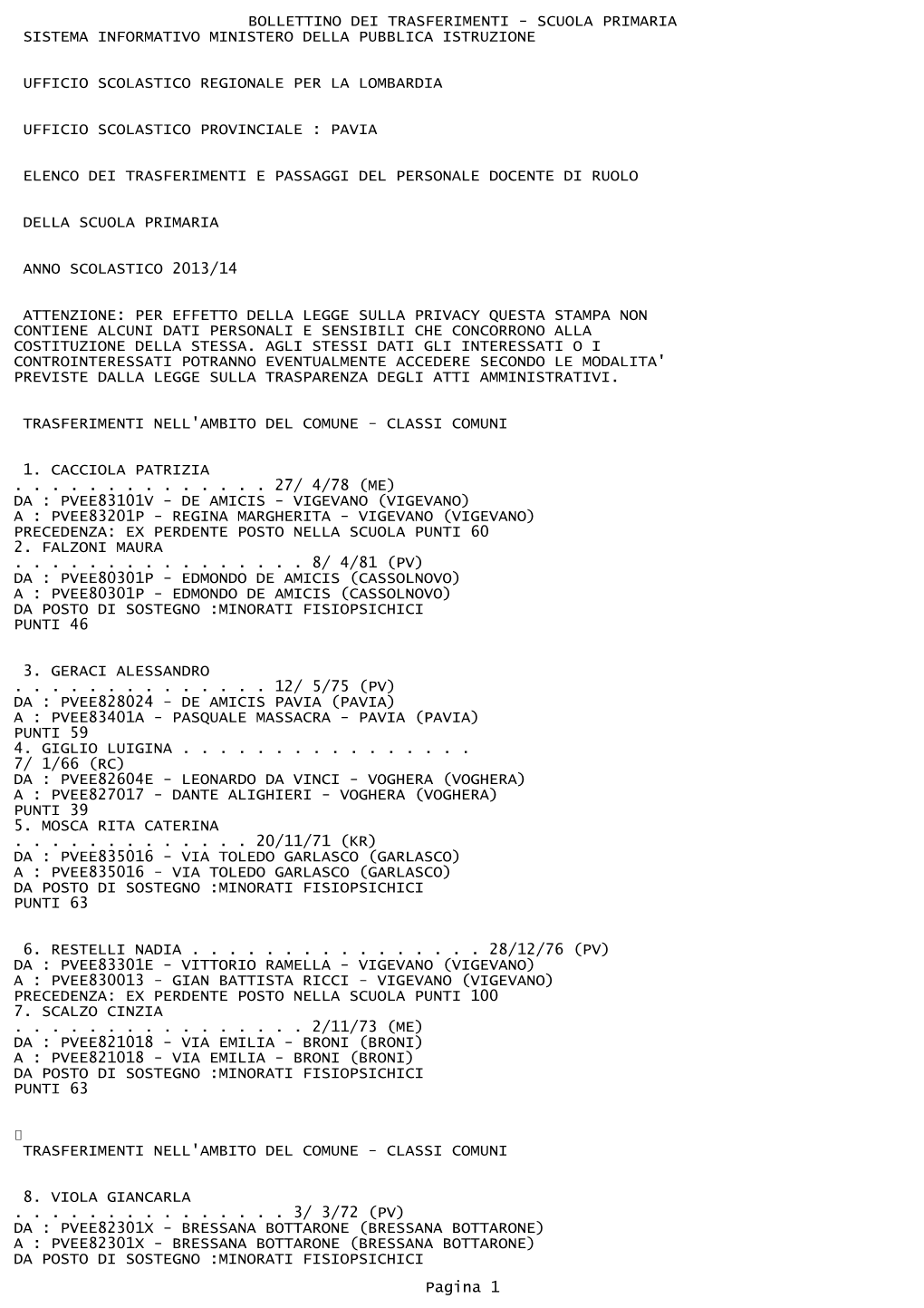 Bollettino Dei Trasferimenti - Scuola Primaria Sistema Informativo Ministero Della Pubblica Istruzione