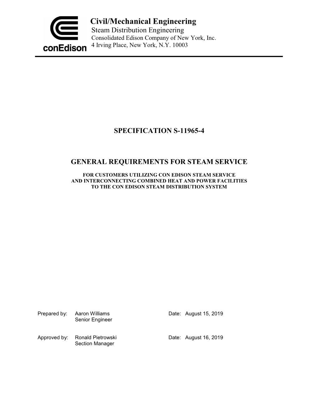 General Requirements for Steam Service (S-11965)