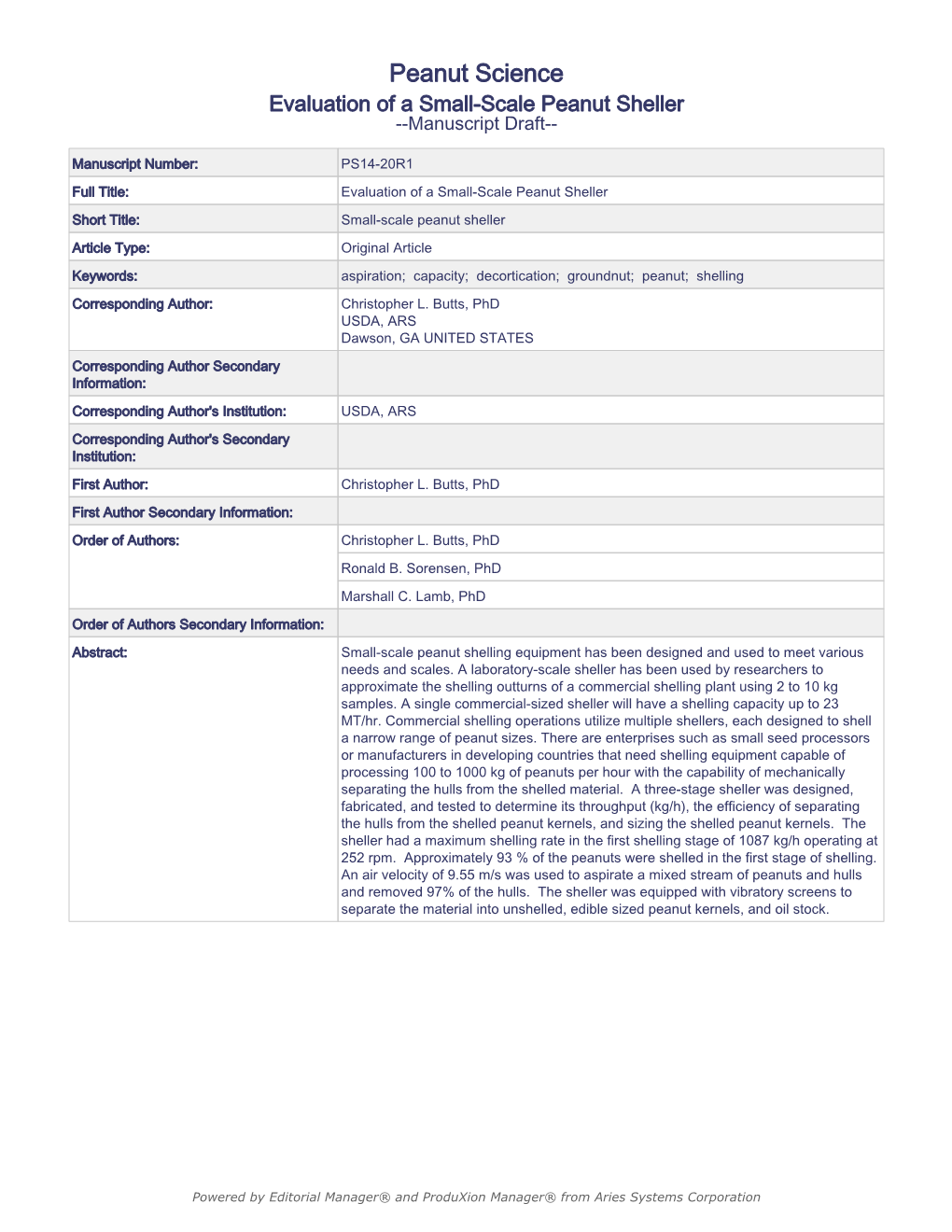 Evaluation of a Small-Scale Peanut Sheller --Manuscript Draft