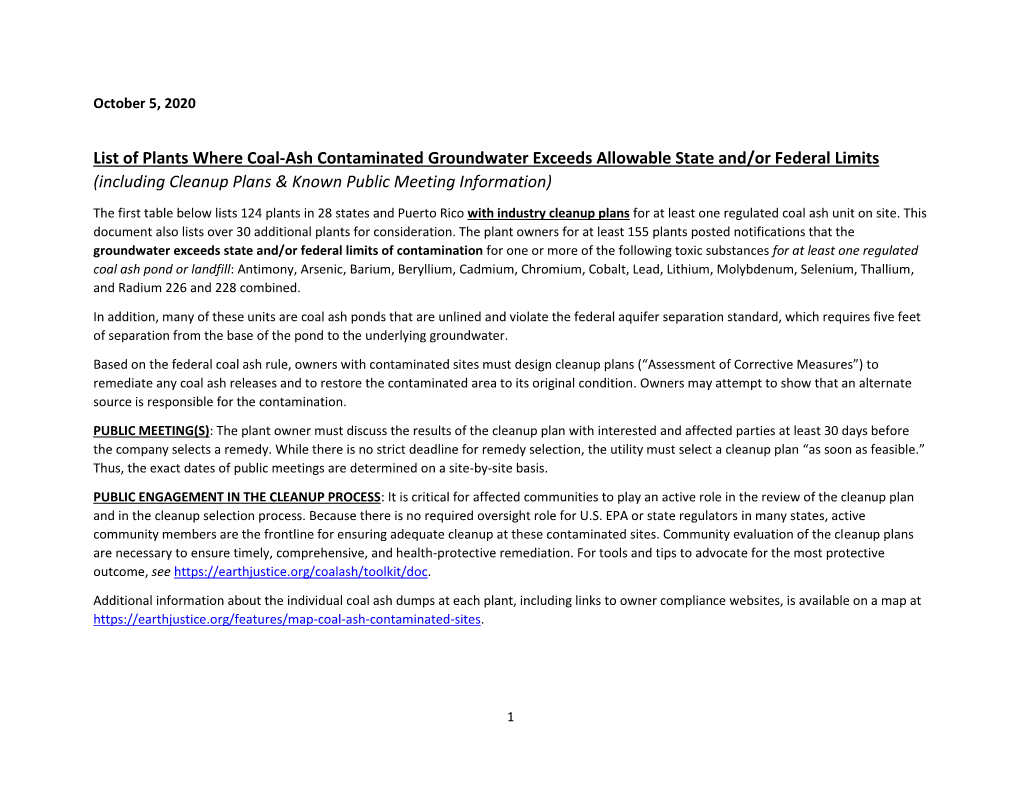 List of Plants Where Coal-Ash Contaminated Groundwater Exceeds Allowable State And/Or Federal Limits (Including Cleanup Plans & Known Public Meeting Information)