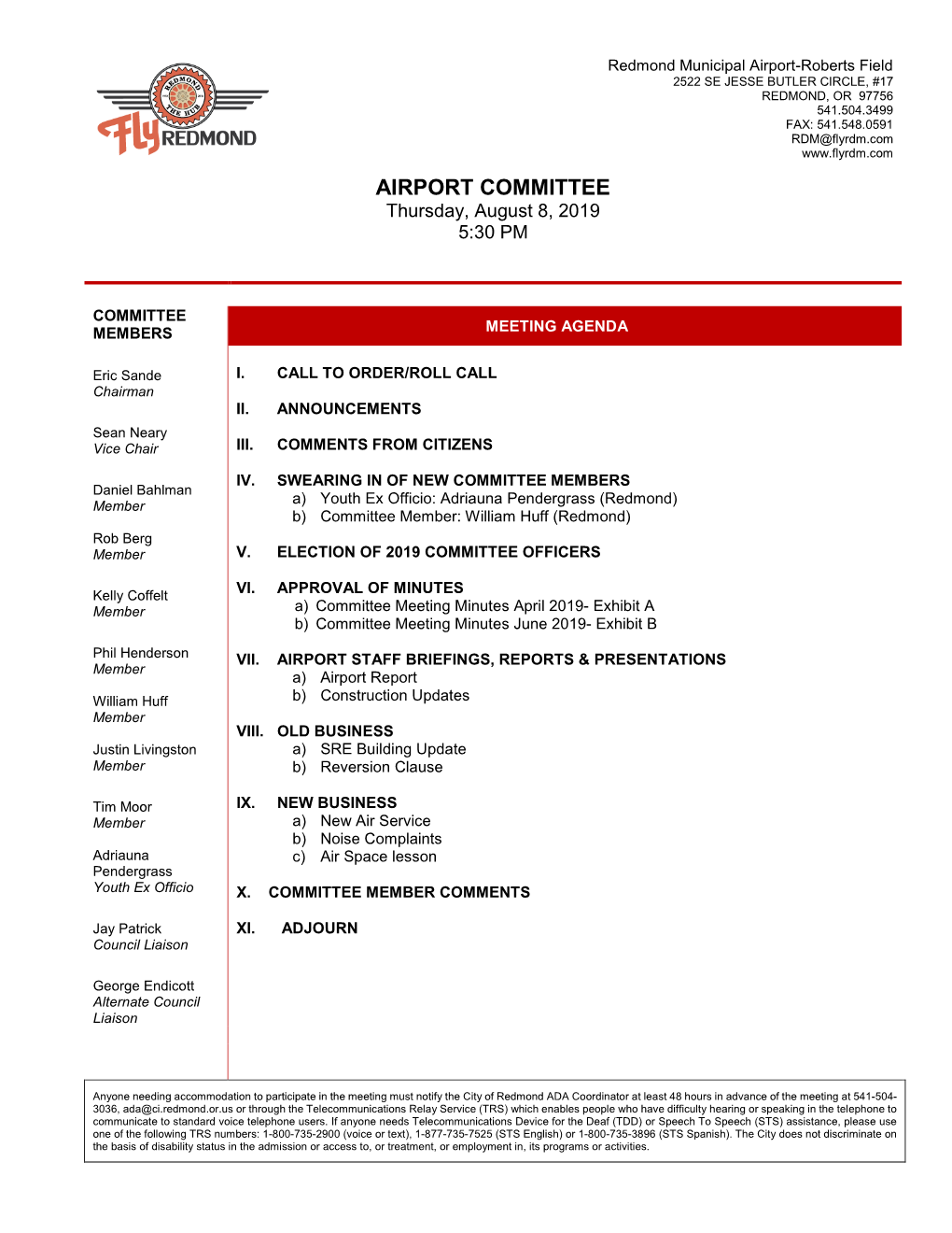 AIRPORT COMMITTEE Thursday, August 8, 2019 5:30 PM