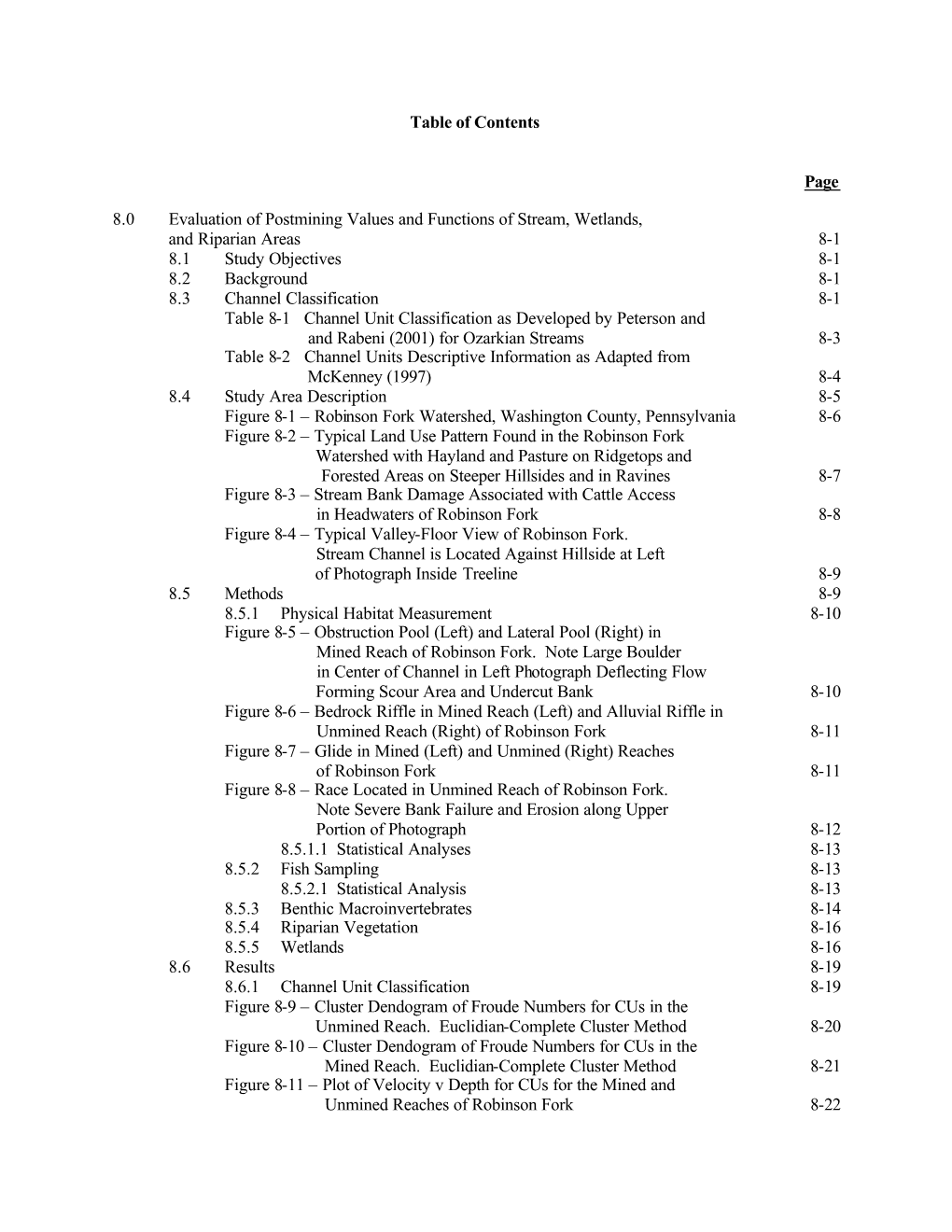 Table of Contents Page 8.0 Evaluation of Postmining Values
