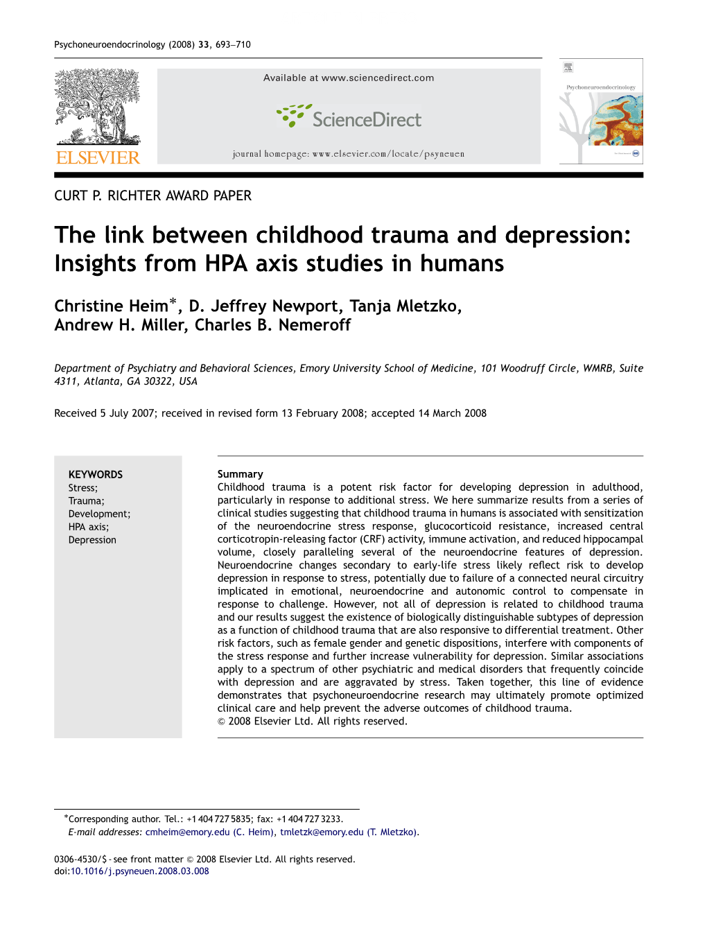The Link Between Childhood Trauma and Depression: Insights from HPA Axis Studies in Humans