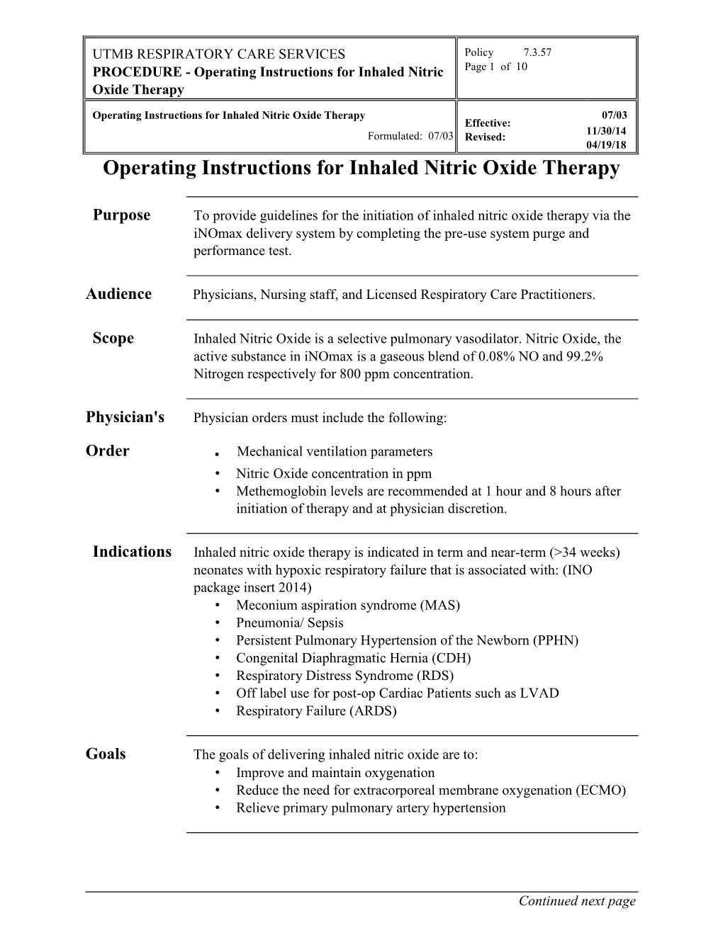 Operating Instructions for Inhaled Nitric Oxide Therapy with Mechanical Ventilation