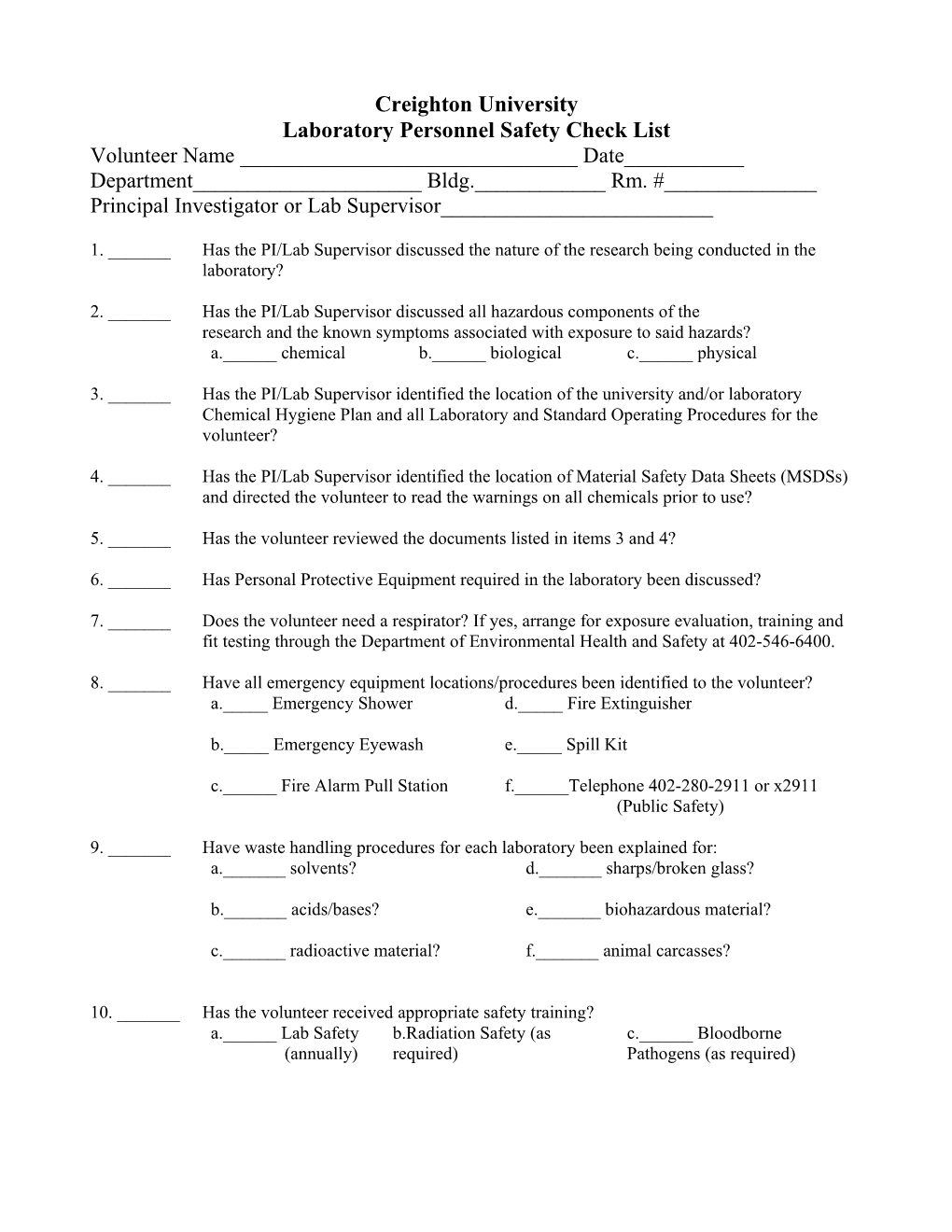 Laboratory Personnel Safety Check List