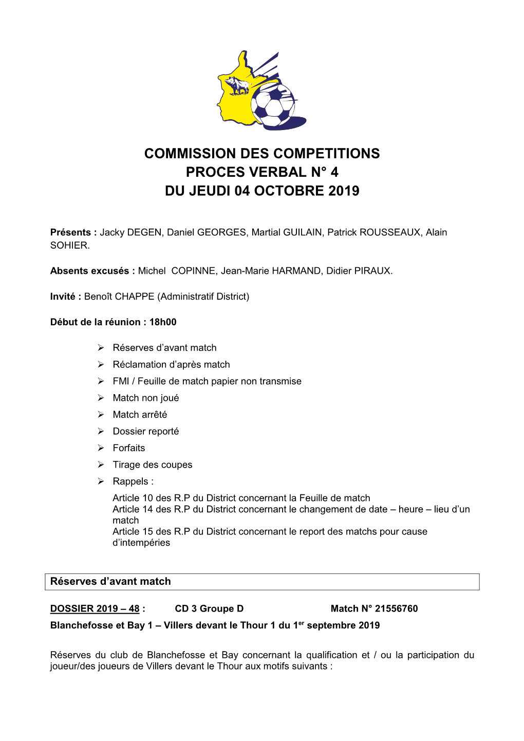 Commission Des Competitions Proces Verbal N° 4 Du Jeudi 04 Octobre 2019