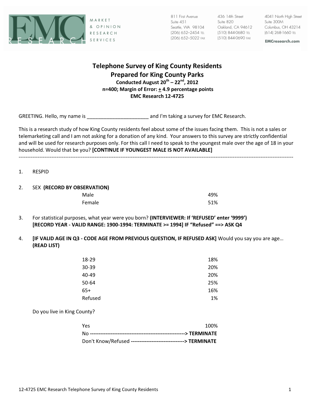 Telephone Survey of King County Residents Prepared for King