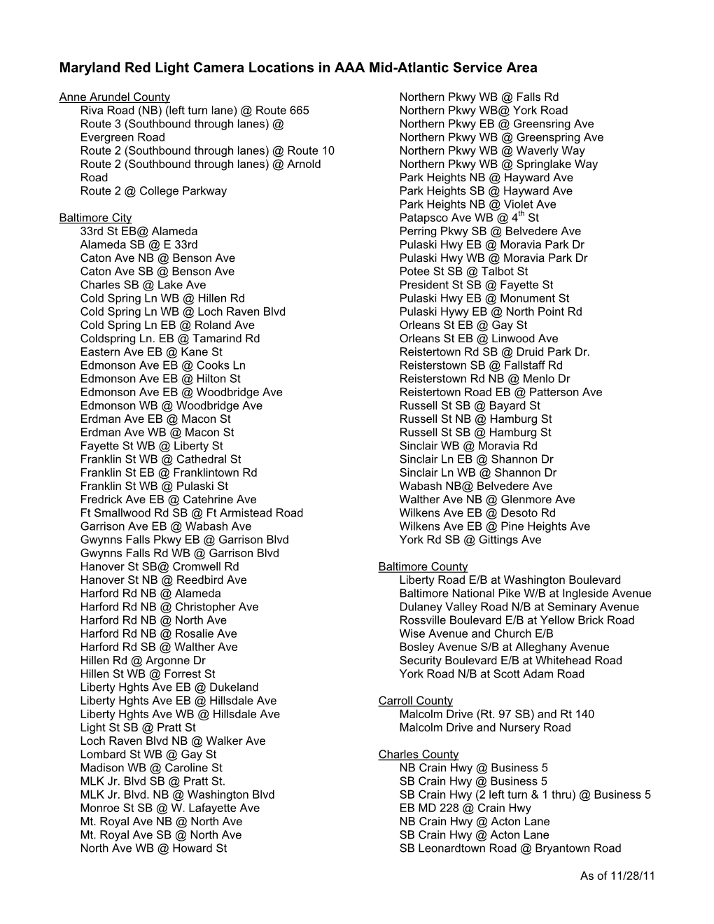 Maryland Red Light Camera Locations in AAA Mid-Atlantic Service Area