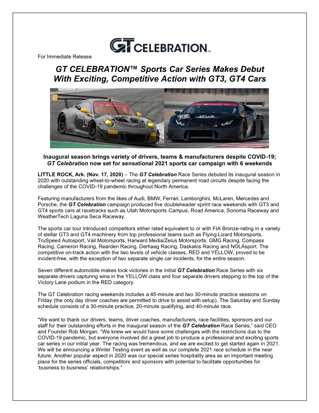 GT CELEBRATION™ Sports Car Series Makes Debut with Exciting, Competitive Action with GT3, GT4 Cars