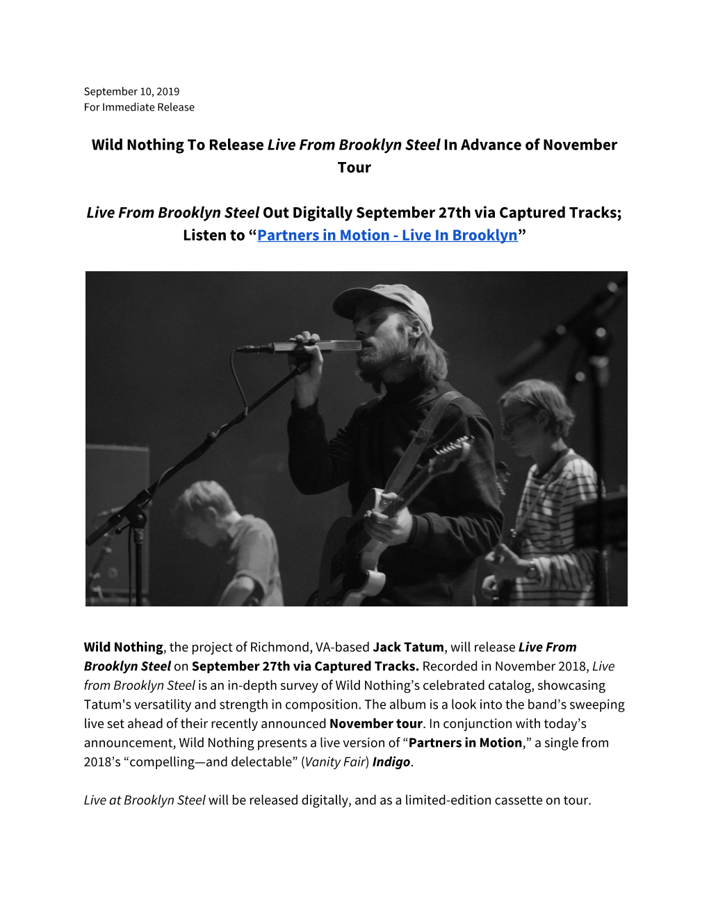 Wild Nothing to Release ​Live from Brooklyn Steel​ in Advance Of