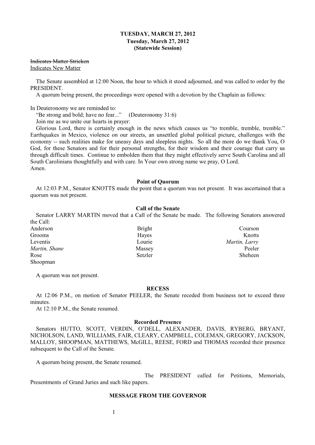 Senate Journal for Mar. 27, 2012 - South Carolina Legislature Online