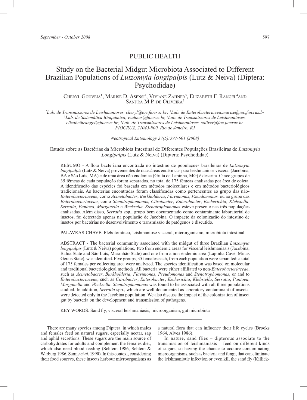 Study on the Bacterial Midgut Microbiota Associated to Different Brazilian Populations of Lutzomyia Longipalpis (Lutz & Neiva) (Diptera: Psychodidae)