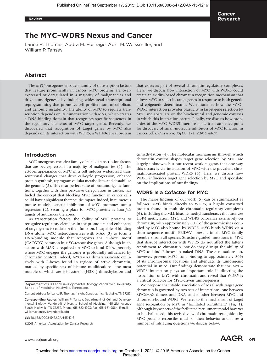 The MYC–WDR5 Nexus and Cancer Lance R