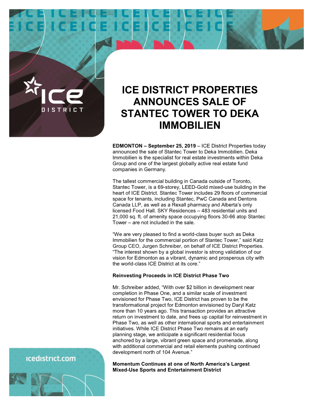 Ice District Properties Announces Sale of Stantec Tower to Deka Immobilien
