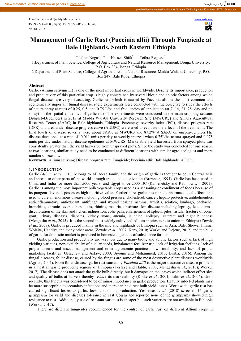 Management of Garlic Rust (Puccinia Allii) Through Fungicide at Bale Highlands, South Eastern Ethiopia