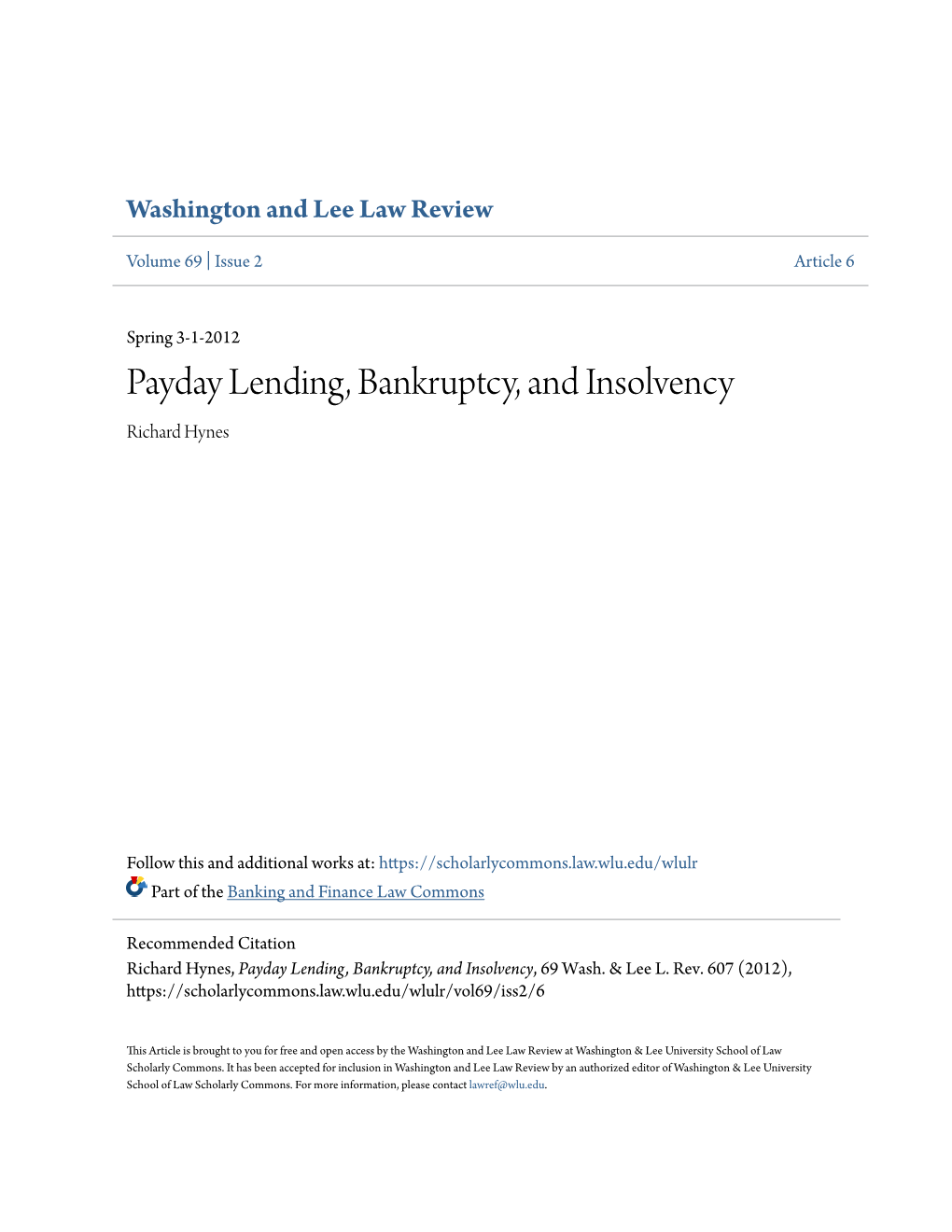 Payday Lending, Bankruptcy, and Insolvency Richard Hynes
