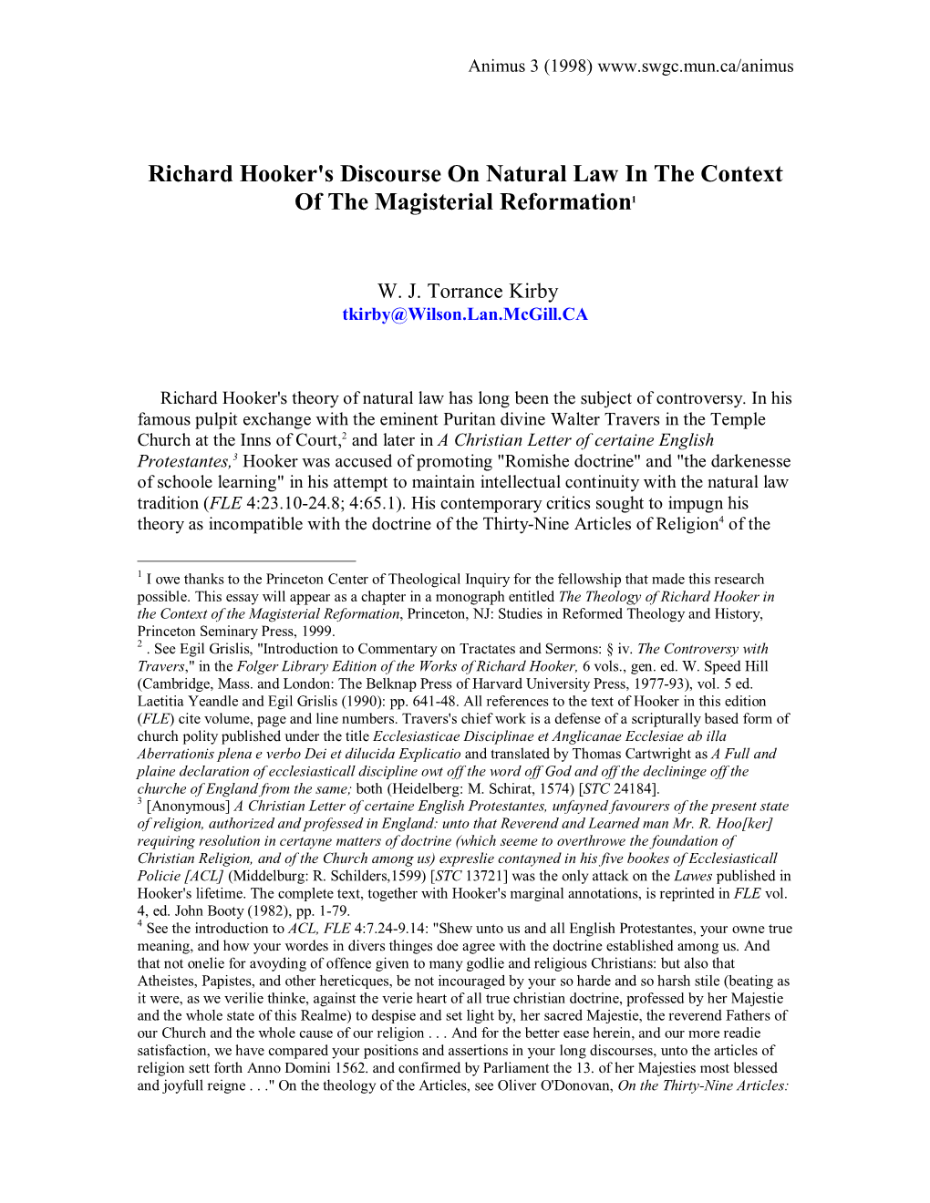 Richard Hooker's Discourse on Natural Law in the Context of the Magisterial Reformation 1