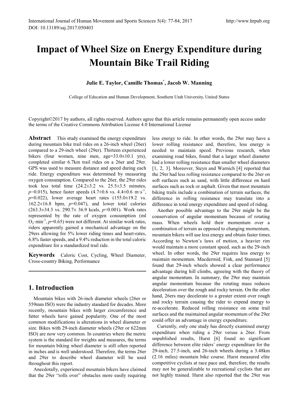 Impact of Wheel Size on Energy Expenditure During Mountain Bike Trail Riding