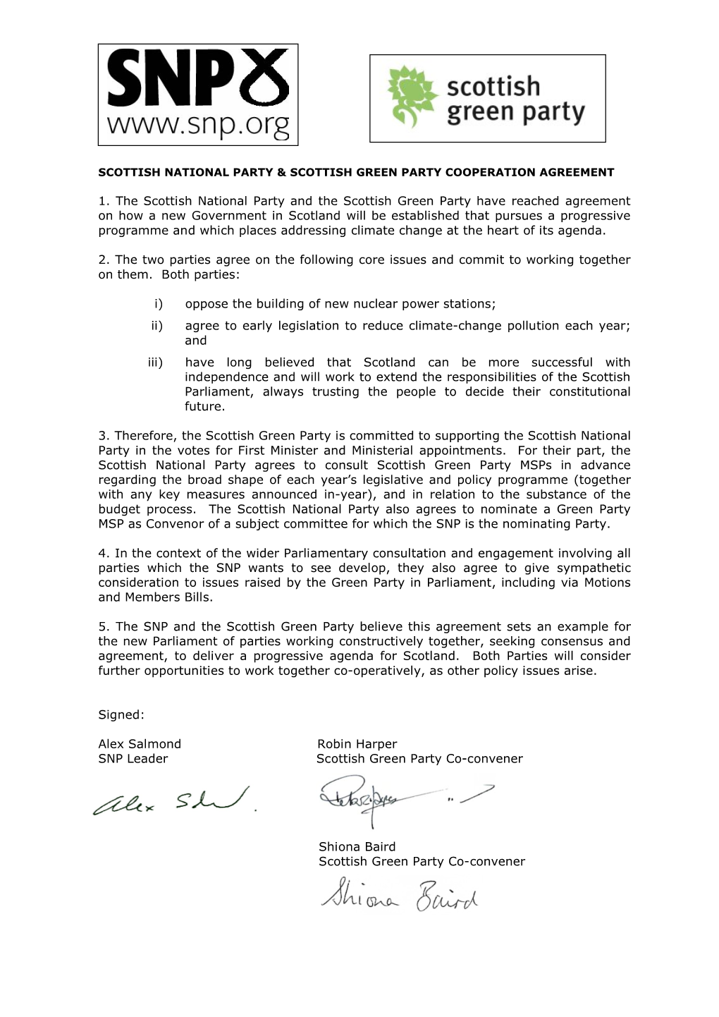 Scottish National Party & Scottish Green Party Cooperation Agreement